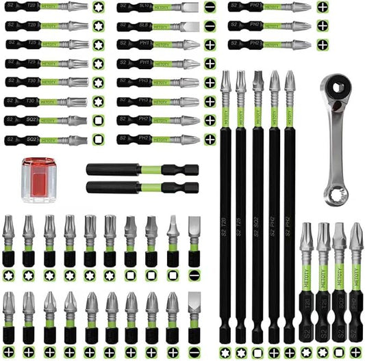 52PCS impact screwdriver bit set-resistant magnetic mixed, includes various sizes and lengths, along with a magnetizer, extension rod, and wrench, to meet your work needs.