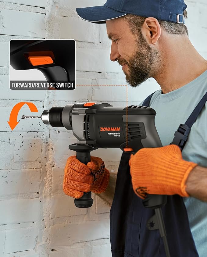 DOVAMAN PHD03B 7.5A Corded Hammer Drill, 1/2'' Impact Drill with Variable Speed 0–3000RPM, Metal Chuck, 2 Modes for Concrete, Wood, Metal – Includes Bits & Carrying Case