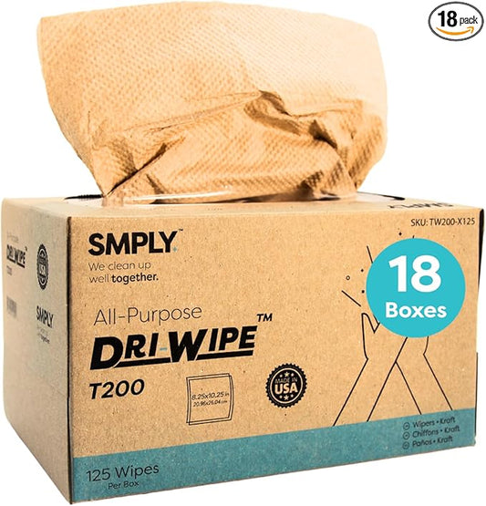 Dri-Wipe™ T200 by SMPLY Brands – Two-Ply Center-Pull Kraft Wipes, 18 Boxes of 125 (2,250 Total) – All-Purpose Disposable Wipes for Retail, Food Prep, Window Cleaning, and Light Spills