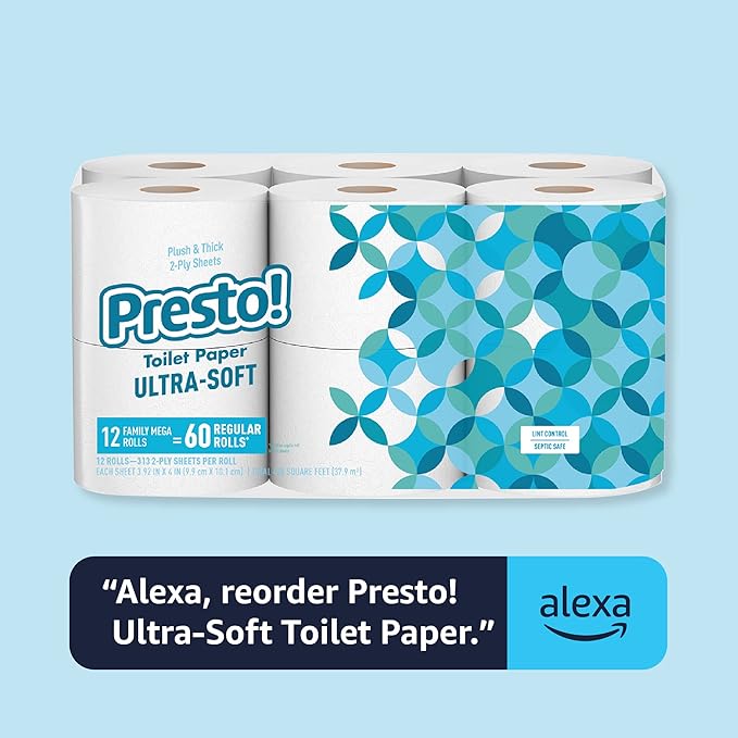 Amazon Brand - Presto! 2-Ply Ultra-Soft Toilet Paper, 12 Family Mega Rolls = 60 regular rolls, 6 Count (Pack of 2), Unscented, White