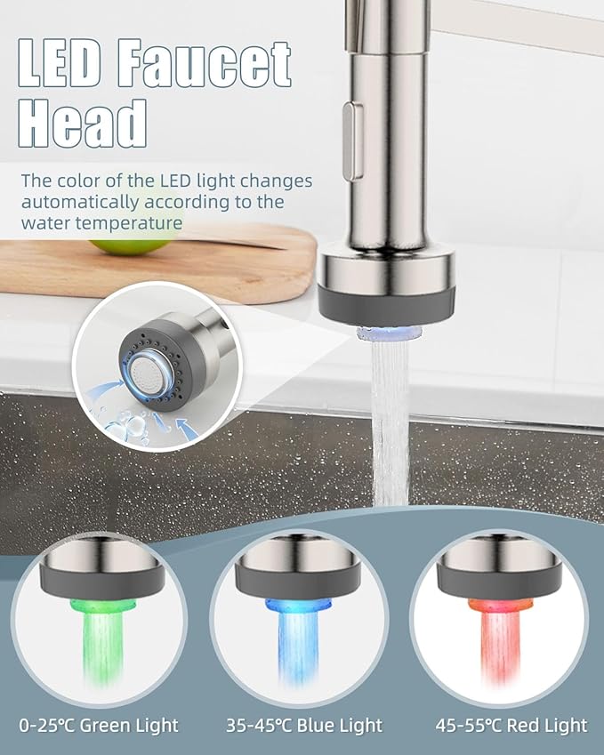Kitchen Faucet with Soap Dispenser, LED Kitchen Faucet, Faucet for Kitchen Sink, Single Handle Stainless Steel Camper Farmhouse RV Sink Faucets with Pull Down Sprayer, Nickel Brushed