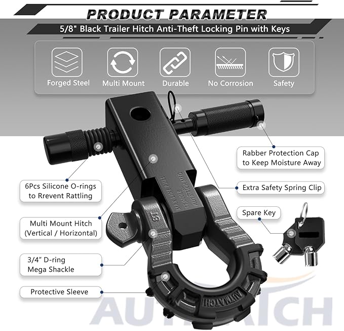 AUTMATCH Shackle Hitch Receiver 2" with 3/4" Mega D Ring Shackle and 5/8" Trailer Hitch Lock Pin, 68,000 Lbs Break Strength Heavy Duty Receiver Tow Kit for Off-Road Vehicle Recovery, Black & Gunmetal