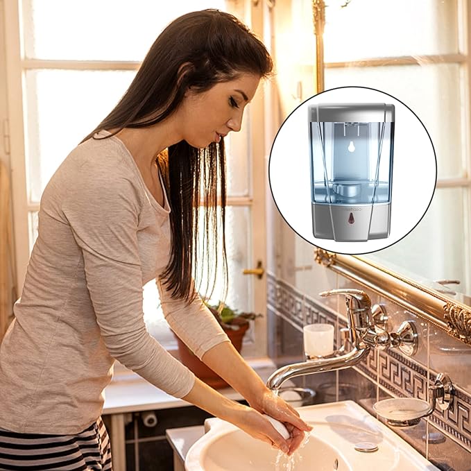interhasa! Soap Dispenser, Touchless Hand Sanitizer Dispenser Wall Mount 600ml Automatic Kitchen Soap Dispenser for Commercial Home, Office (Silver)
