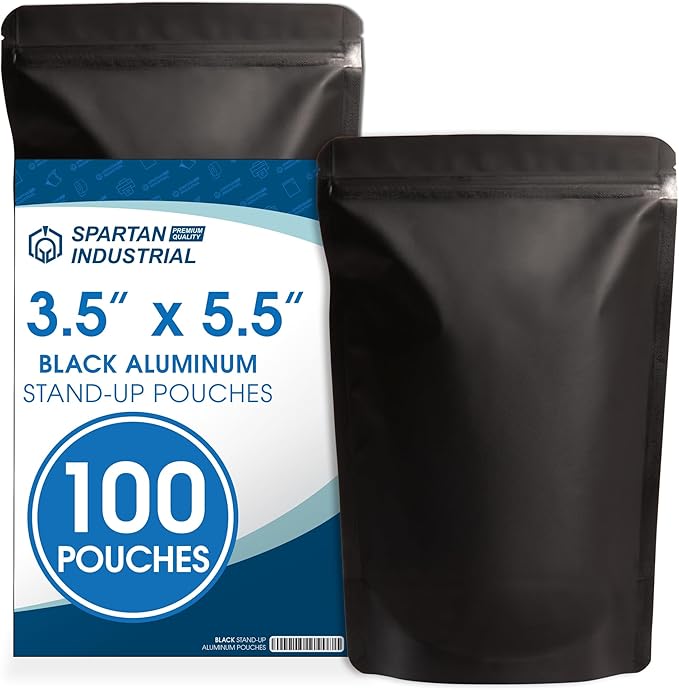 Spartan Industrial 3.5" X 5.5" Matte Black Stand-Up Mylar Bags - 100 Count Small Smell-Proof Bags With Heat Sealable Opening and Resealable Zipper