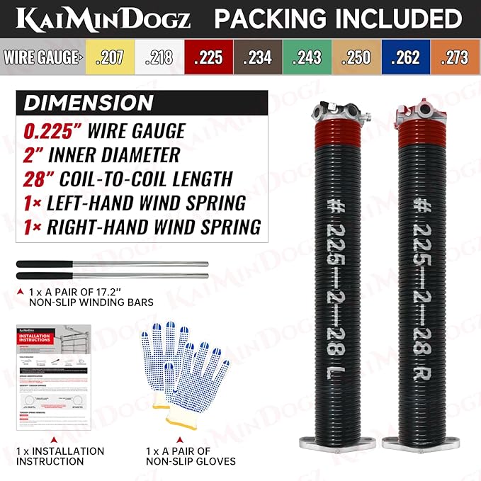 Pair of 2" Garage Door Torsion Springs Set with Non-Slip Winding Bar & Gloves,High Precision Electrophoresis Black Coated, for Replacement & Installation, MIN 16,000 Cycles (0.225x2''x28'')