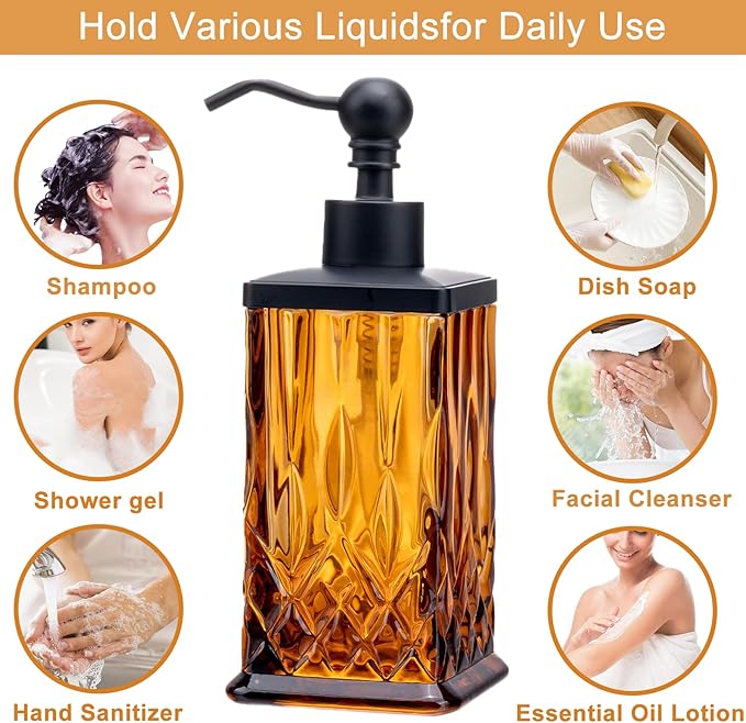 10Oz Amber Glass Soap Dispenser,Heavy Glass & Leak-Proof Rust-Resistant Pump for Kitchen Dish Soap, Bathroom Hand Wash,Vanity Essential Oil,Luxury Bath Decor(Square)