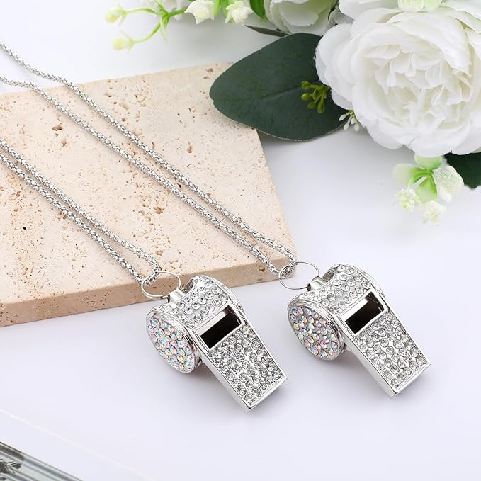 2 Pack Bling Rhinestone Whistles with Lanyard, Metal Whistle Emergency Sports Whistle, Accessories Loud Crisp Sound for Coach Captain Referee Teacher