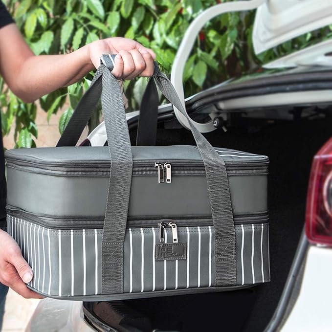 Fun Elements Casserole Carrier, Expandable Insulated Casserole Carriers for Hot or Cold Food, Lasagna Lugger for Parties, Fits 9" x 13" Baking Dish, Grey