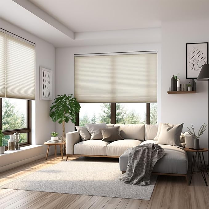 Changshade Cordless Cellular Shades, Light Filtering Honeycomb Shades for Windows, Pull Down Pleated Blinds, Easy to Install for Indoor Windows and French Doors,29" W x 64" H, Beige