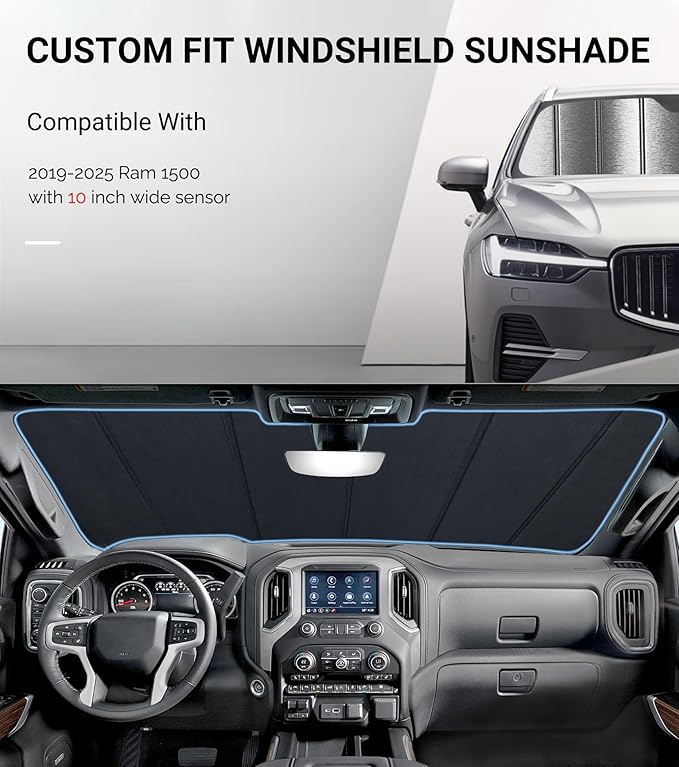 Windshield Sunshade for Ram 1500 2019-2025 with 10 inch Wide Sensor - Metallic