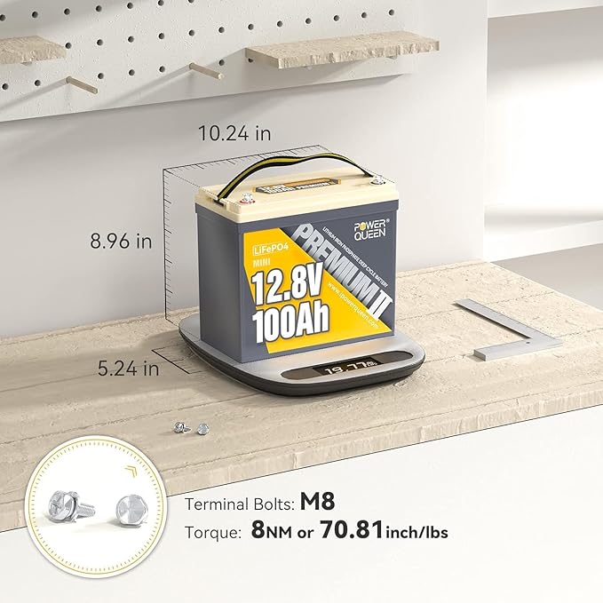 Power Queen 12V 100Ah Mini LiFePO4 Battery, Built-in 100A BMS, Max.1280W Load Power, Grade A Deep Cycle Lithium Battery Cells,10-Year Lifetime, Perfect for RV, Boat,Off-Grid, Solar