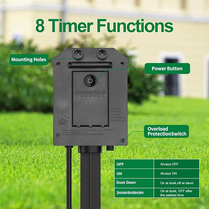 TiFFCOFiO Outdoor Power Strip with 60 FT Extension Cord, 100FT Remote Control, Dusk to Dawn Light Timer Waterproof, 6 Grounded Outlets for Yard, Pool and Garden, ETL Listed