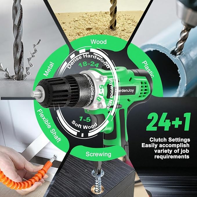 GardenJoy 20v Cordless Drill Set, Power Electric Kit 2 Batteries With Charger 30Nm 2-Speed 3/8" Keyless Chuck 24+1 Torque Drill Driver screwdriver Bits with LED Electric Work Light for DIY