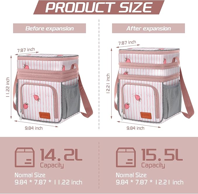 Insulated Lunch Bag for Women Men, Reusable 3 Layers Lunch Box Women, Expandable Reusable Water-resistant Lunch Box for Work Travel Office Picnic Hiking (Pink)