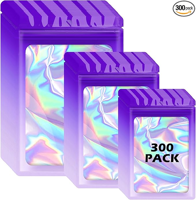 300 Pcs Holographic Mylar Bags, 3 Size Smell Proof Bags with Clear Window Foil Pouch Bags Resealable Bags for Small Business and Food Storage, Purple Pink