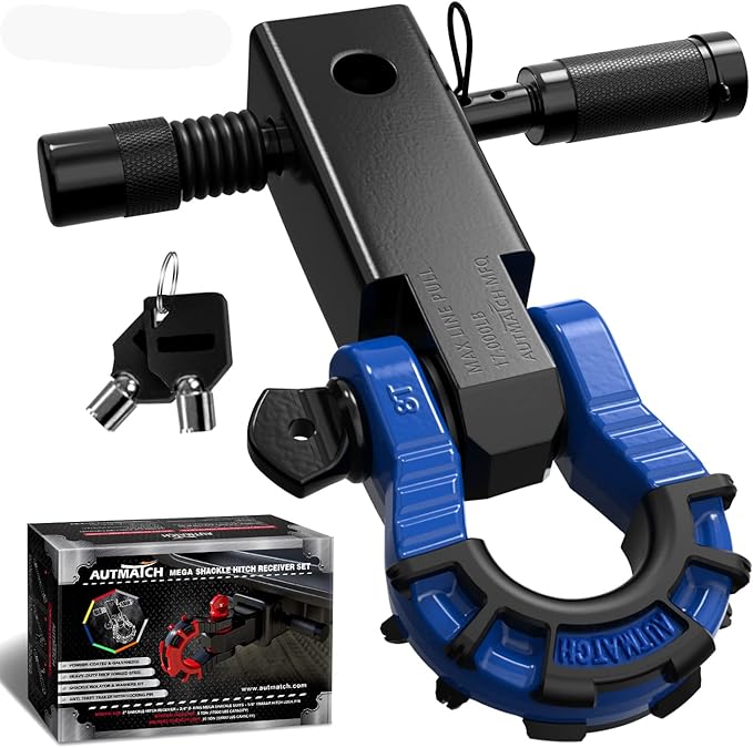 AUTMATCH Shackle Hitch Receiver 2" with 3/4" Mega D Ring Shackle and 5/8" Trailer Hitch Lock Pin, 68,000 Lbs Break Strength Heavy Duty Receiver Towing Kit for Off-Road Vehicle Recovery, Black & Blue