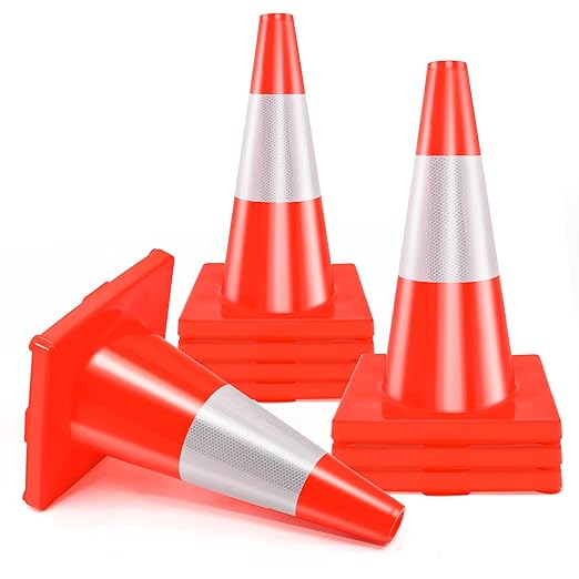 RELIANCER 4PCS 18" Traffic Cones PVC Safety Road Parking Cones Weighted Hazard Cones Construction Cones for Traffic Fluorescent Orange w/4" Reflective Strips Collar