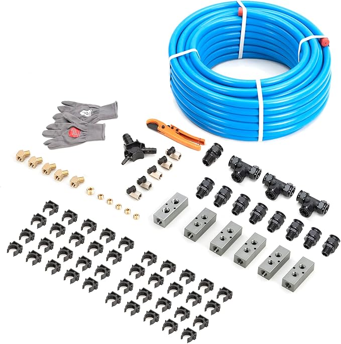 Compressed Air Line Kit 1/2" x 200ft 5-Ways Out HDPE Aluminum Air Compressor Piping for Garage LeakProof&Easy to Install Air Hose Kit Air Compressor Accessories 200PSI ASTM F1282