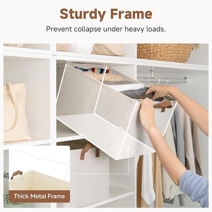 StorageWorks Storage Bins, Shelves Baskets for Organizing, 45L Extra Large Fabric Closet Organizers with Handles, Metal Frame, Beige（Cotton-linen）, 2-Pack