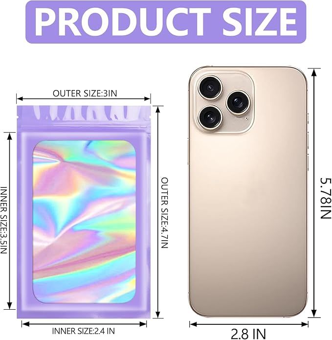 Funfery 100 pcs Purple Smell Proof Mylar Holographic Packaging Bags, Clear Seal Resealable Odor Proof Foil Pouch Zipper Bag for Food Storage, Lipgloss, Jewelry, Eyelash Packaging (3x4.7In)
