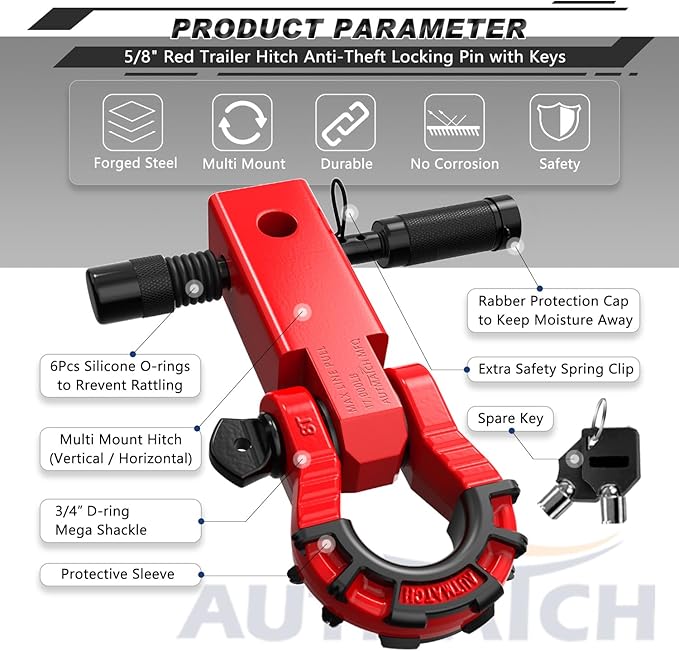 AUTMATCH Shackle Hitch Receiver 2" with 3/4" Mega D Ring Shackle and 5/8" Trailer Hitch Lock Pin, 68,000 Lbs Break Strength Heavy Duty Receiver Towing Kit for Off-Road Vehicle Recovery, Red
