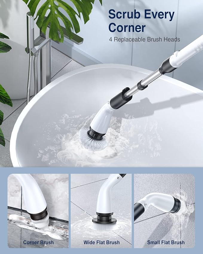 LABIGO Electric Spin Scrubber LA1 Pro, Cordless Spin Scrubber with 4 Replaceable Brush Heads and Adjustable Size Extension Handle Power Full Cleaning Brush for Bathroom Floor (Deep Black)