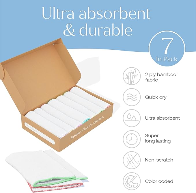 Fab Tab High-Performance Viscose Made from Bamboo Cleaning Cloths - 7 Pack Reusable & Super Absorbent Towels for Household, Kitchen, and Auto Care | Ideal for Dusting and Vehicle Detailing (Small)