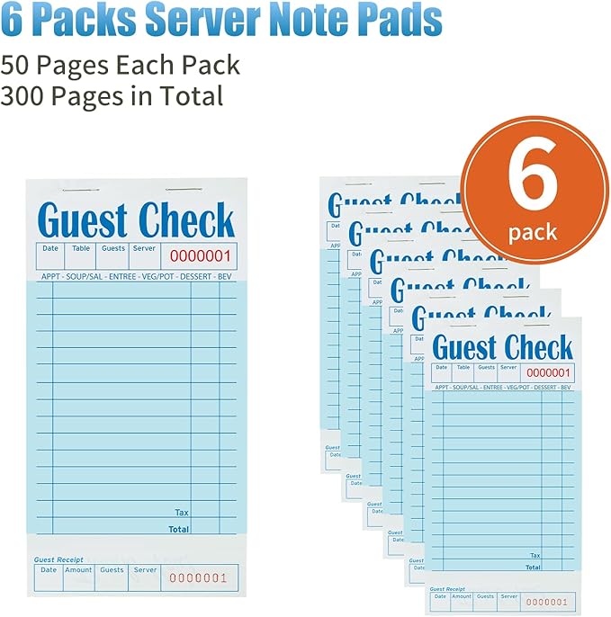 6 Pack Blue Guest Checks Books for Servers Server Note Pads, Waiter Checkbook, Waitress Notepad for Restaurants, Paper Checks 50 Sheets/Pack, 300 Total Tickets