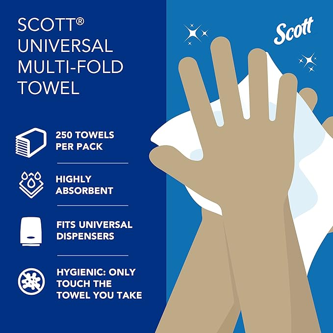 Scott Professional Universal Multifold Paper Towels, Bulk (58091), Absorbency Pockets, White, 9.2"x9.4" Towel, White, Compressed, Compact (250 Sheets/Pack, 12 Packs/Case, 3,000 Sheet Total)