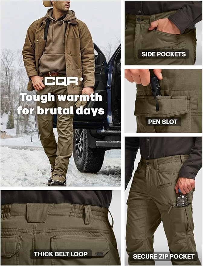 CQR Men's Winter Tactical Cargo Pants, Thermal Fleece Lined Outdoor Snow Ski Hiking Work