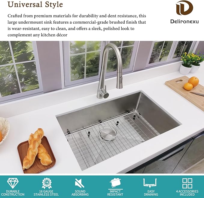 30 Inch Undermount Kitchen Sink - Delironexu 16G Stainless Steel Undermount Sink, 30''x18'' Deep Single Bowl Kitchen Sinks with 4 Accessories