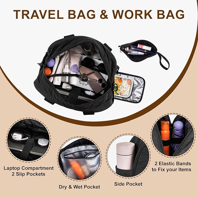 2 Pcs Quilted Puffer Lunch Tote for Women with Wallet, Water-Resistant 15.3’’ Laptop Tablet Work Bag with Insulated Lunch Compartment, 3 in 1 Lightweight Duffle Bag for Travel
