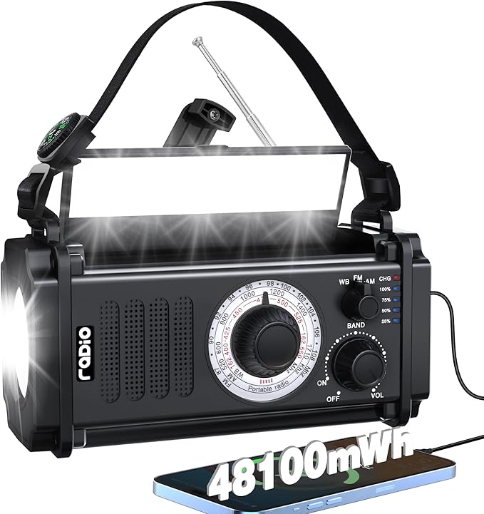 48100mWh Emergency Radio, Portable Solar Hand Crank Radio, AM FM NOAA Weather Radio, 800LM Crank Flashlight & Reading Lamp, Earphone Jack, Compass,SOS for Home Outdoor Camping Hurricane Storm Survival