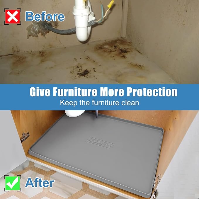 Under Sink Mat for Kitchen Waterproof, 25" x 19" Silicone Under Sink Liner Kitchen & Bathroom Cabinet Protector Mats, Heavy Duty Flexible Under Sink Drip Tray with Lip, Cool Grey