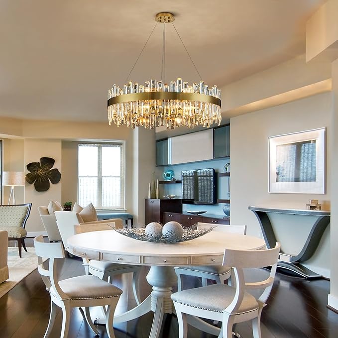 Siljoy Modern Crystal Chandelier 16 Lights Brushed Gold 2-Tiers K9 Crystal Raindrop Chandelier Luxury Dimmable Crystal Pendant Ceiling Light for Living Room Dining Room Entryway Foyer D31.5''