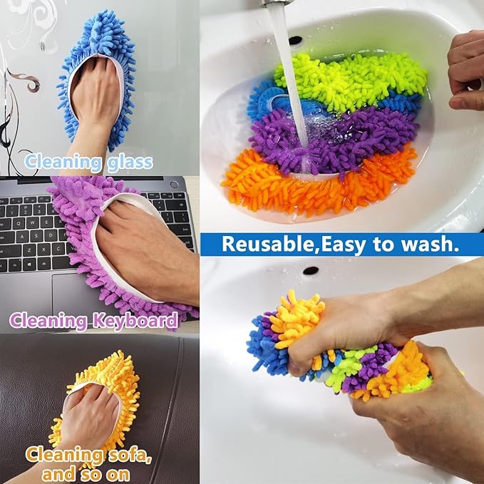 M-jump 8 PCS 4 Pairs Duster Mop Slippers Cover, Multi Function Chenille Fibre Washable Dust Mop Floor Cleaning Shoes for Bathroom, Office, Kitchen, House Polishing