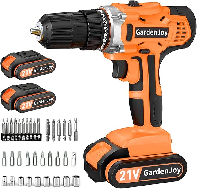 GardenJoy 20v Cordless Drill Set, Power Electric Kit 2 Batteries With Charger 30Nm 2-Speed 3/8" Keyless Chuck 24+1 Torque Drill Driver screwdriver Bits with LED Electric Work Light for MEN DIY