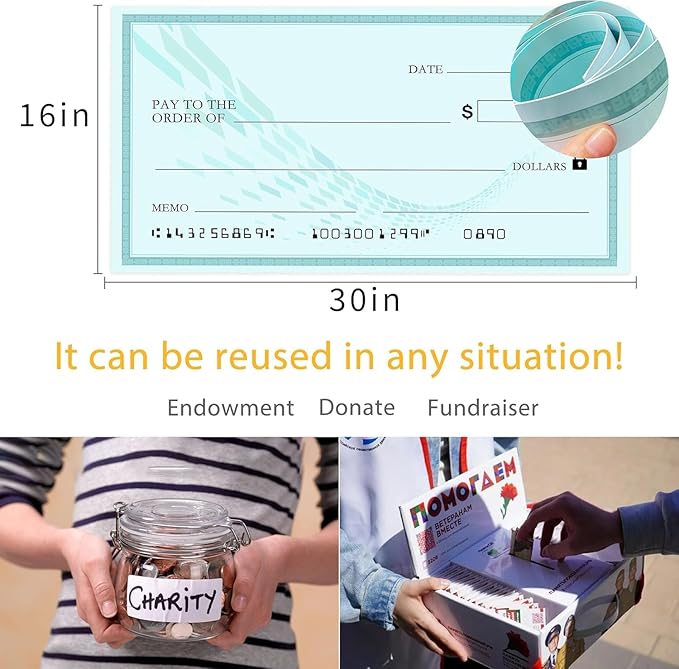 Reusable Giant Check Board for Donations, 30"x16" Single-Sided Reusable Ceremonial Check | Big Check Giant Check | Oversized Corporate Event Sign for Fundraiser Donations & Celebrations