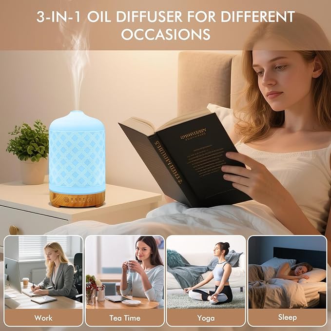 Essential Oil Diffuser 200ml-Ultrasonic Aroma Diffuser with 4 Timers, Aromatherapy Diffuser 7 Color LED Lights Waterless Auto Off for Home Office Yoga Gift (Ceramic White)