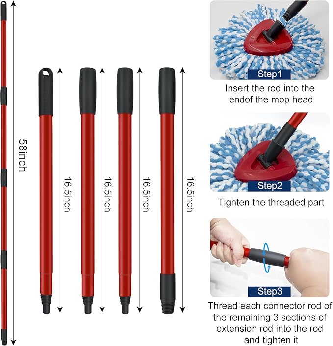 Spin Mop Handle Replacements for Oceda 4-Section Mop Replace Handle Compatible with O-Ceda Spin Mop Refills and Brooms, O ceda Mop Stick for Floor Clean, 30" to 58", Universal Fit Oceda Mop Head