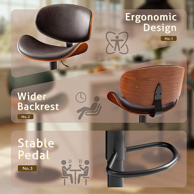 Bar Stools Set of 2 Adjustable Swivel Bentwood Barstools PU Leather Modern Bar Chairs with Back & Footrest for Bar, Kitchen Island, Dining Room (Brown, Set of 2)