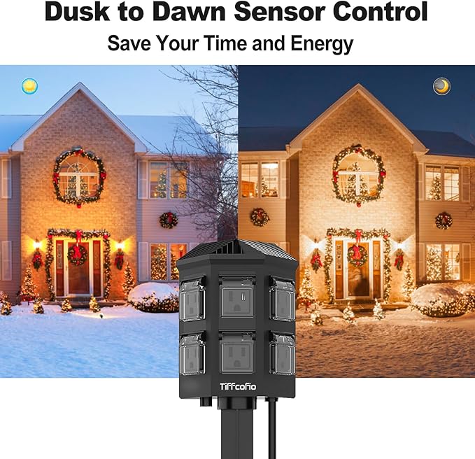 TiFFCOFiO Outdoor Power Stake Timer, 100FT Remote Control, Dusk to Dawn Christmas Light Timer, 6FT Extension Cord Waterproof, 6 Grounded Outlets for Outdoor Christmas Decorations, ETL Listed