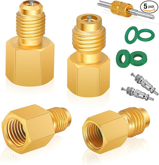 Boltigen R134a Refrigerant Tank Adapters, R12 R22 to R134a Adapter Connector, 1/2 to 1/4 Flare R134a Vacuum Pump Adapter Fittings with Valve Core Remover