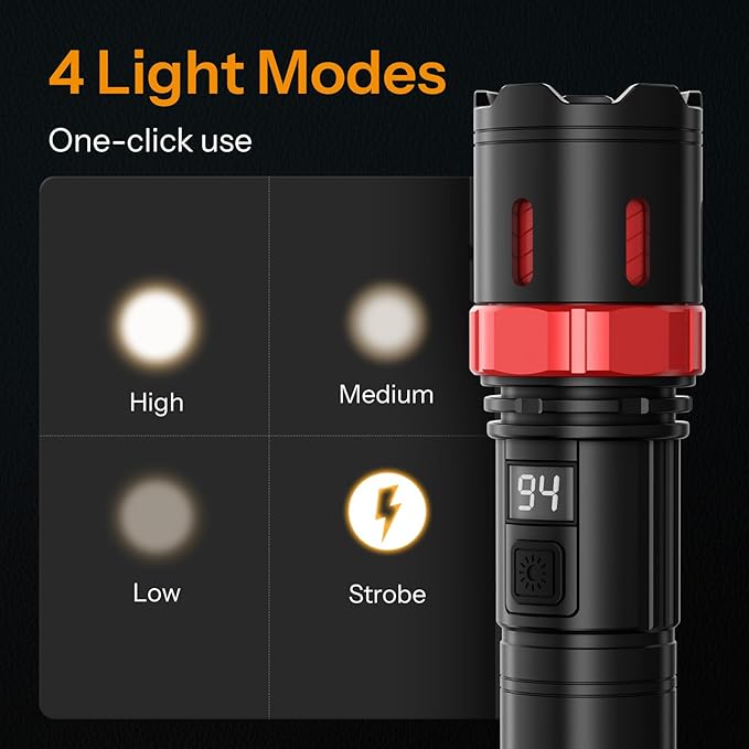 Rechrgeable EDC Flashlight, 99000 High Lumens Super Bright Flashlight, 5 Mode Flash Light with LED Display, Waterproof Powerful Handheld Light for Camping Hiking Emergency Home, 2pack