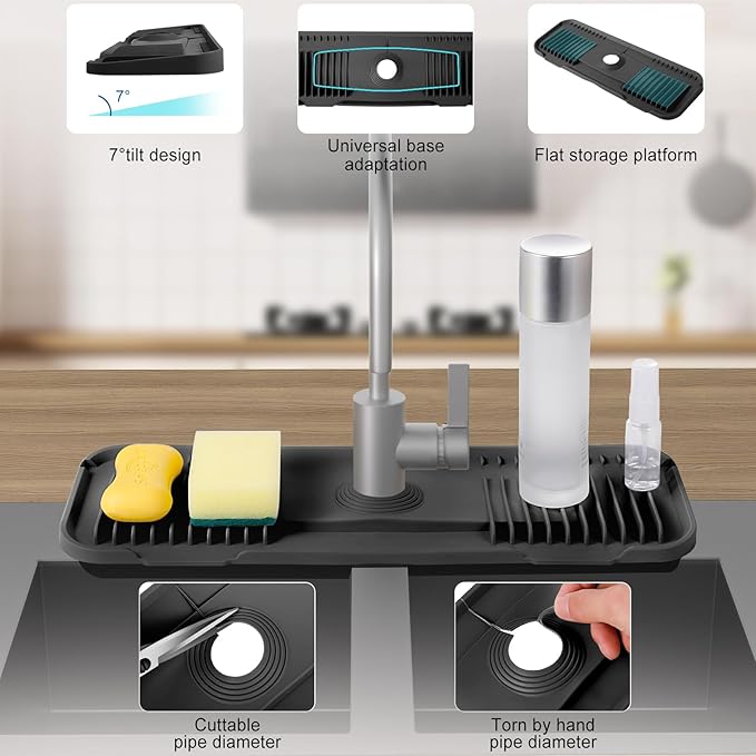 Kitchen Faucet Mat, DK-SIMINA Silicone Faucet Mat Silicone Faucet Drip Catcher with Cuttable Circular Central for Kitchen Sink, Tailor-Made for Faucets with Deck Plate【Black】