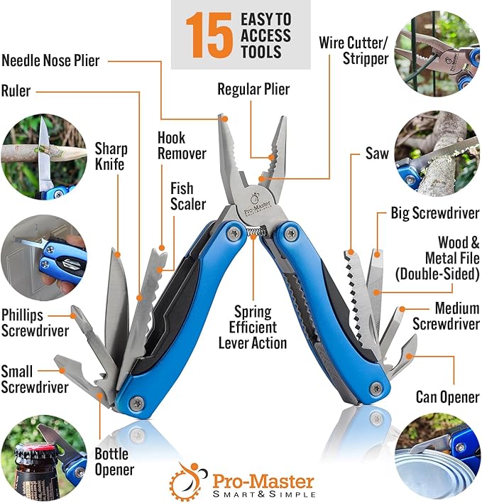 15-in-1 Multitool with Safety Lock, Stainless Steel Pocket Knife & Pliers, Compact EDC Multi Tool, Spring Loaded for Camping, Hiking, Fishing, Outdoors, Survival, Gift for Men, Dad, Husband, Boyfriend