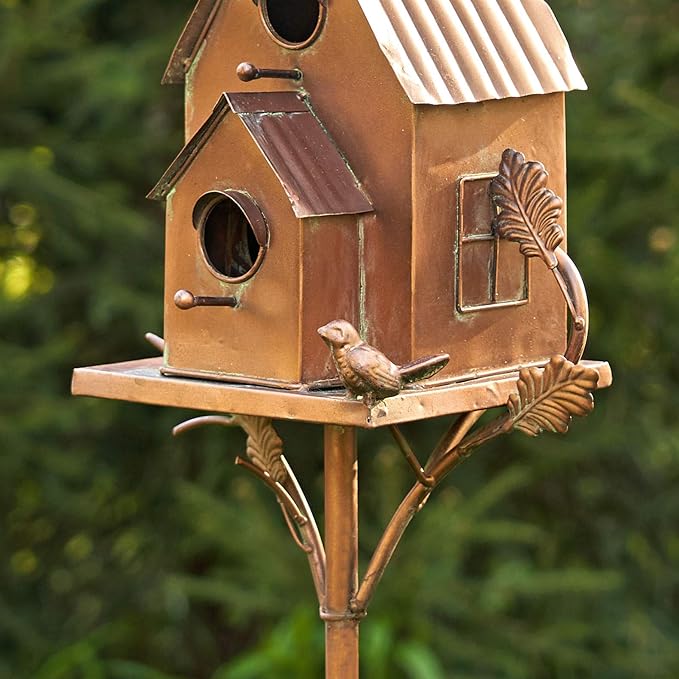 Zaer Ltd. Copper Colored Multi-Birdhouse Stakes, Room for 2 Bird Families in Each (Classic Home)