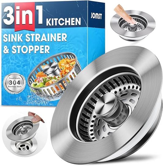 3-in-1 Stainless Steel Kitchen Gadget, JOMST Kitchen Sink Drain Strainer – Fast Drain, Water-Saving Stopper & Odor Blocker, 10,000 Pop-Up Tested, Fits Standard 3½″ Sink Drains