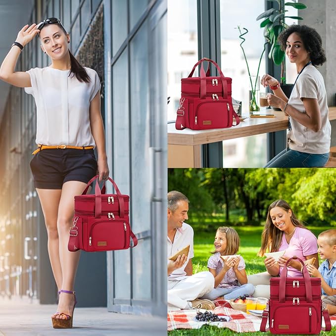 Lunch Box for Men Women - Double Deck Insulated Lunch Bag, Large Leak Proof Tote Cooler, Wide Open Dual Compartment Lunch Bags with Shoulder Strap, For Work Picnic Hiking Beach, Red