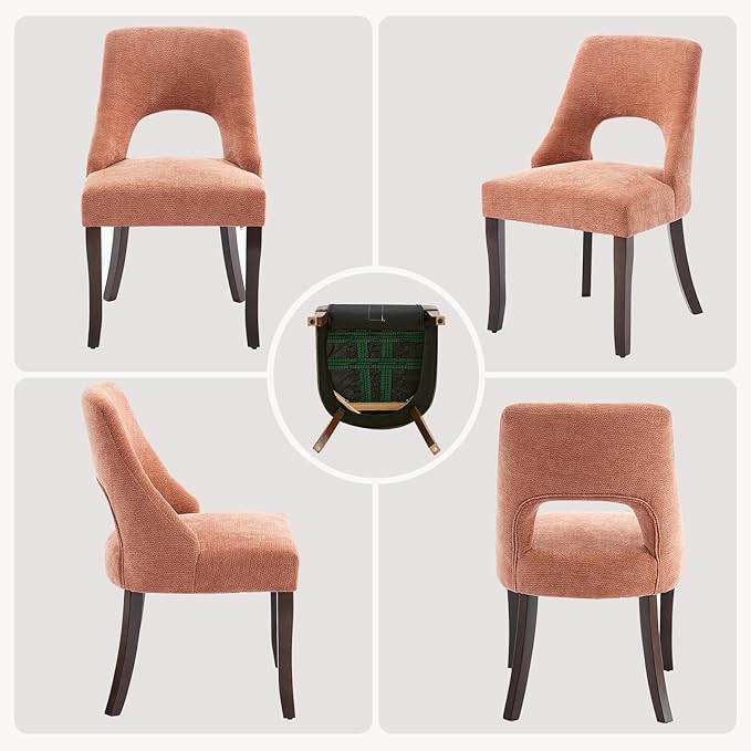 UVV Wooden Dining Chairs Set of 6, Mid Century Modern Upholstered Dining Room Chair Kitchen Chairs, Chenille Dinner Chair with Solid Wood Legs for Kitchen Dining Room, Orange-Chenille